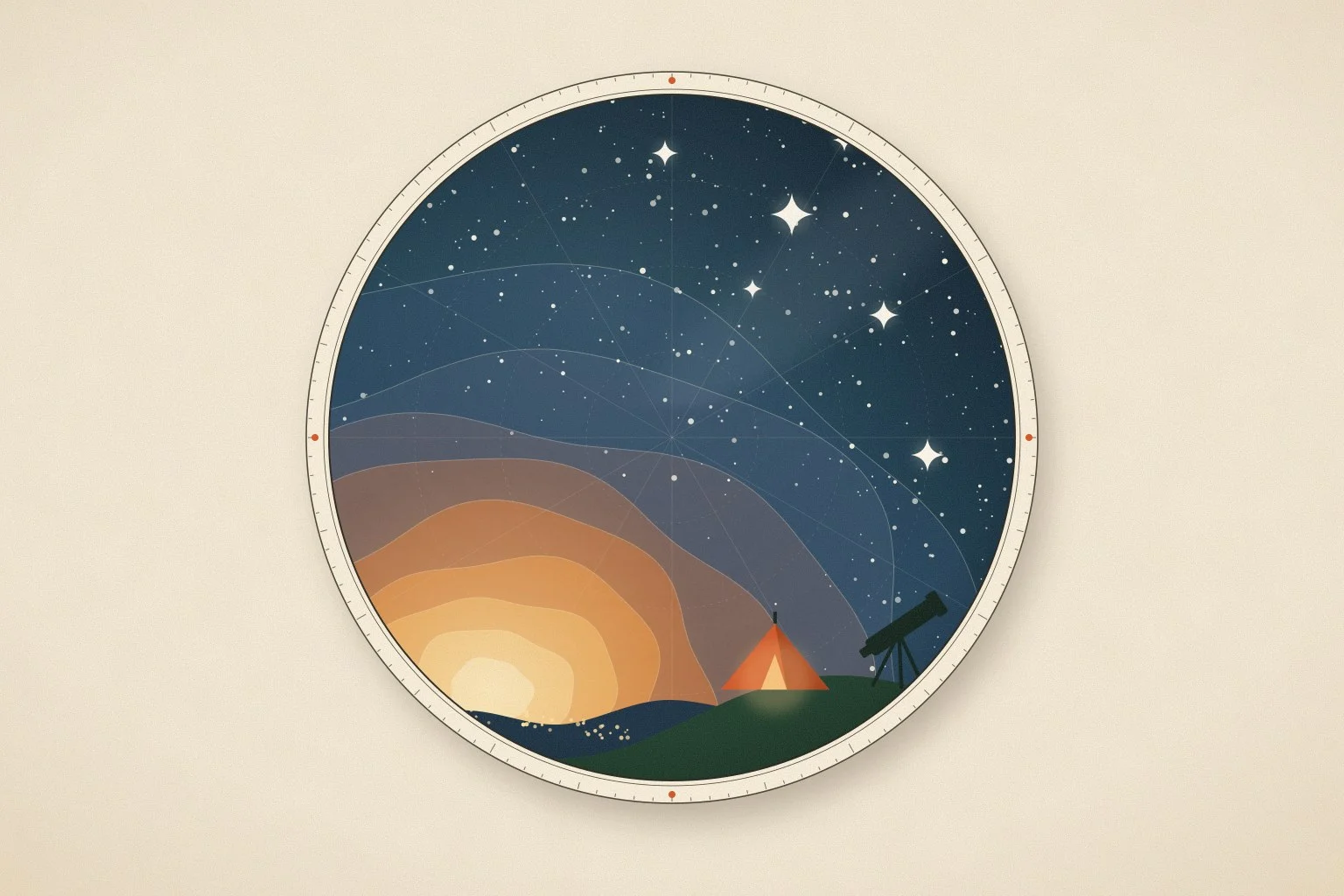Ilustración de un mapa nocturno de la península con manchas de luz anaranjada alrededor de las ciudades y un cielo estrellado sobre una zona oscura
